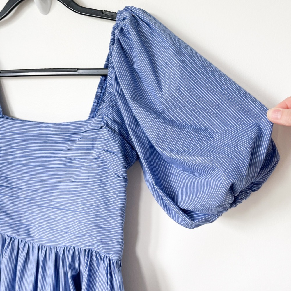 Abercrombie & Fitch Emerson Puff Sleeve Midi Dress Blue Pintstripe Womens Small - Picture 4 of 13
